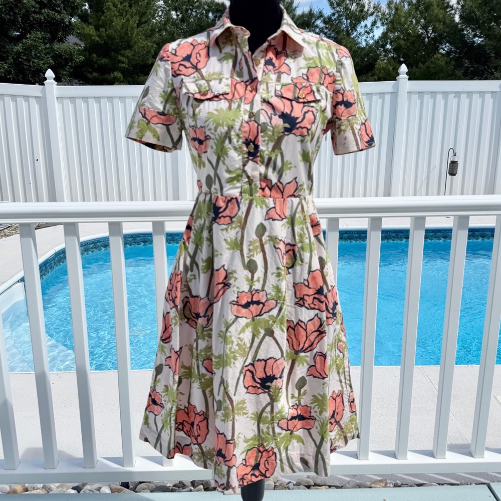 Tory Burch Poppy Floral A-Line Dress Pink and Green